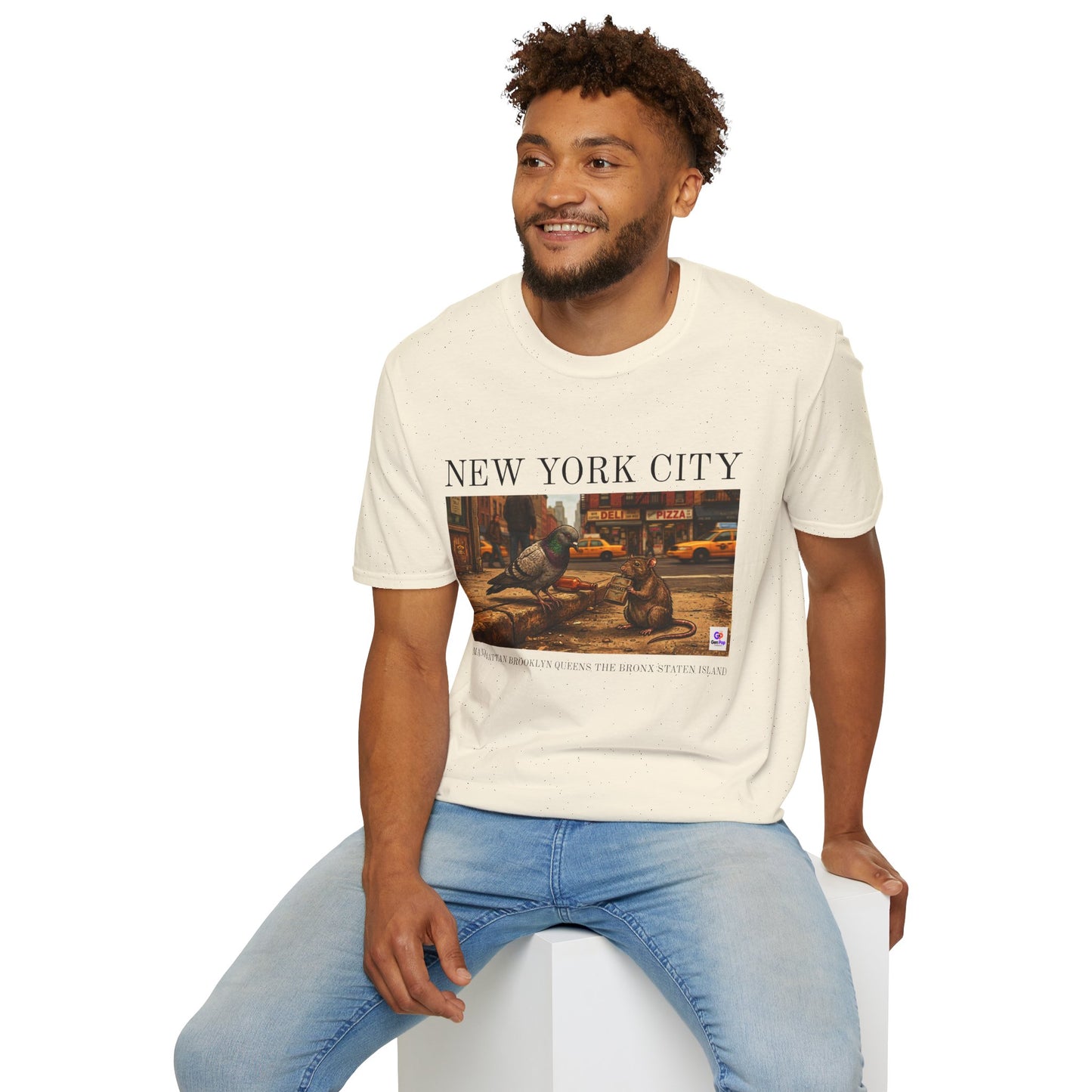 Pigeon & Rat Buddy Funny NYC Graphic Softstyle Tee — Unique Gift for New Yorkers & Tourists
