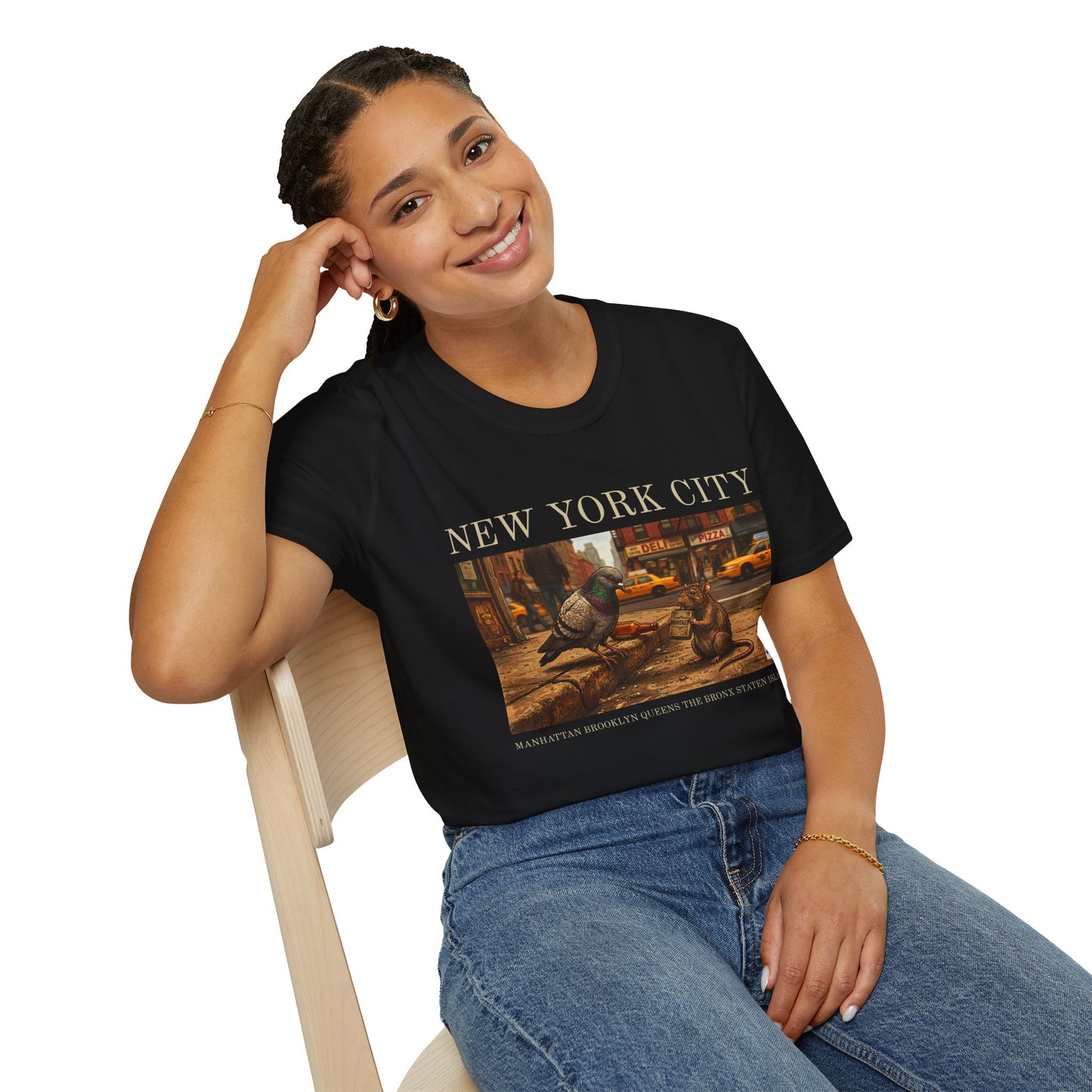 Pigeon & Rat Buddy Funny NYC Graphic Softstyle Tee — Unique Gift for New Yorkers & Tourists