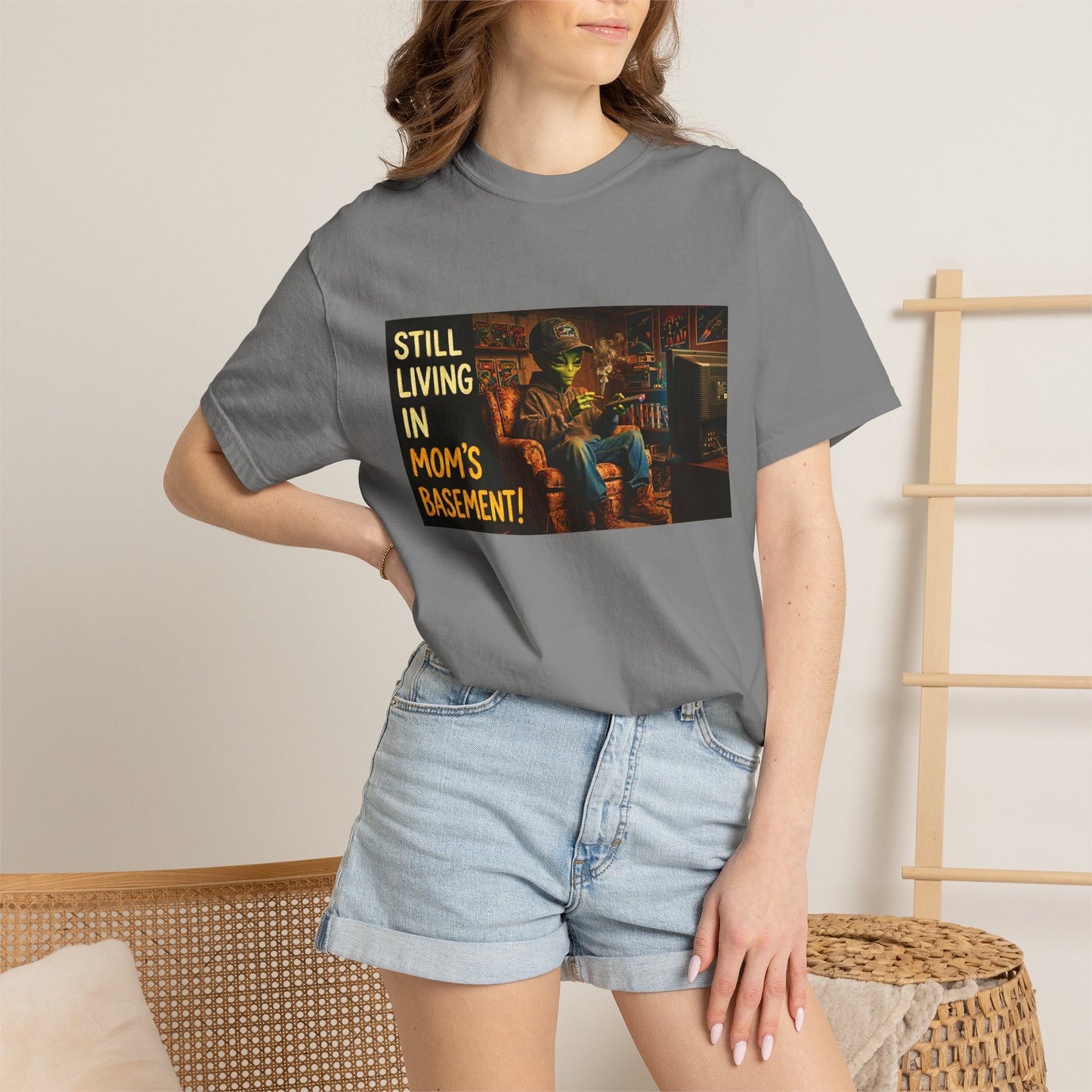 Still Living in Mom's Basement Funny Garment-Dyed Tee — Gag Gift for Him or Her