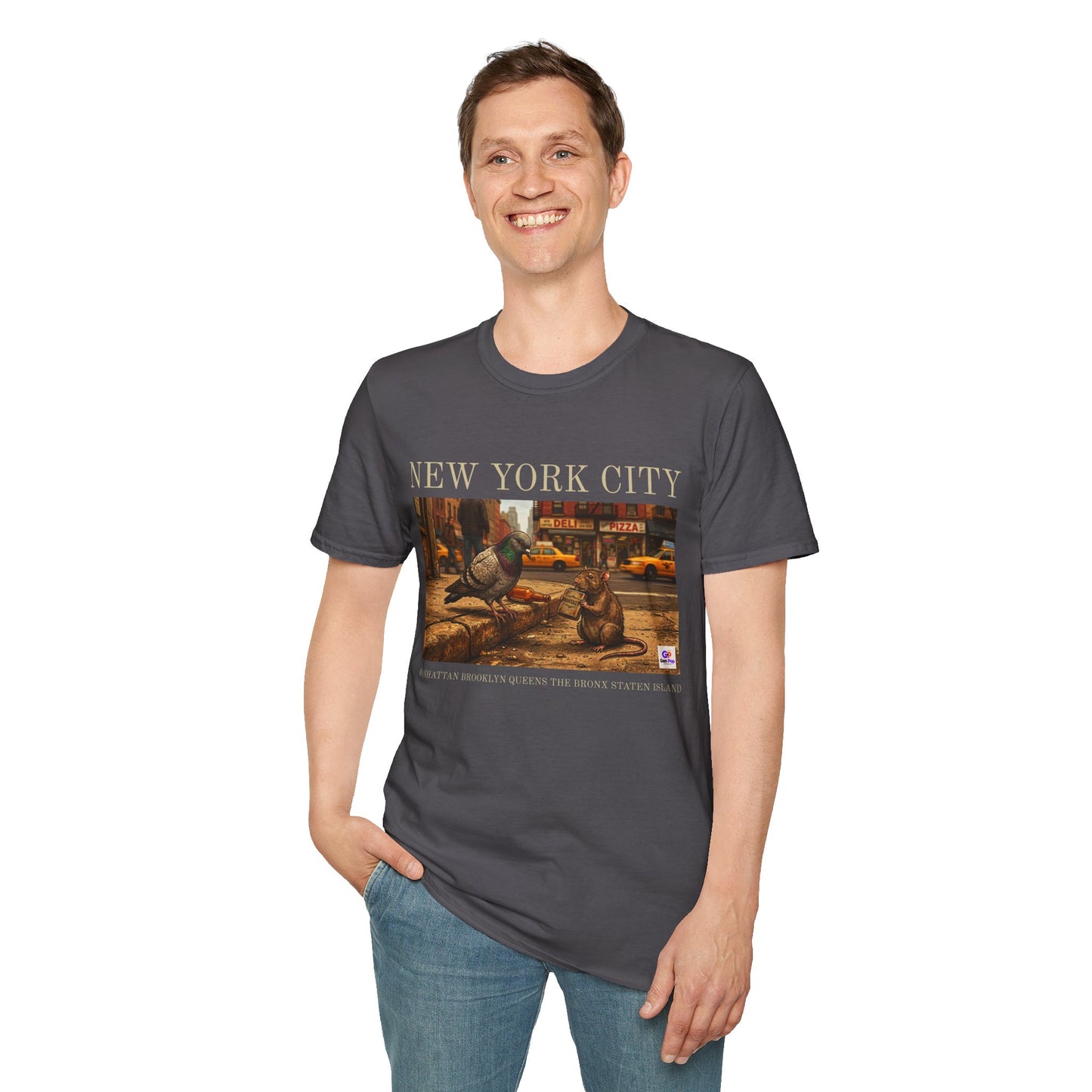 Pigeon & Rat Buddy Funny NYC Graphic Softstyle Tee — Unique Gift for New Yorkers & Tourists
