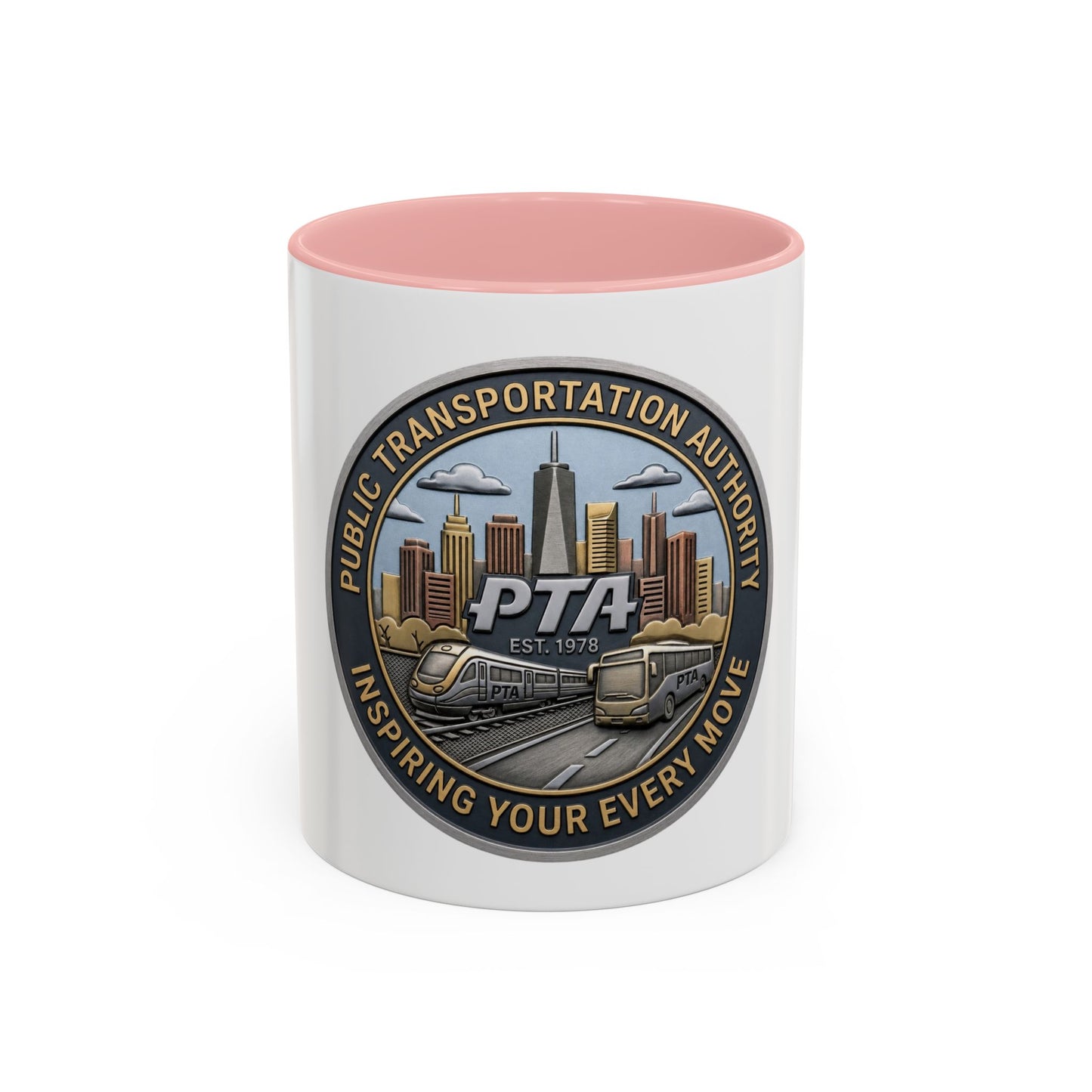 PTA Logo Accent Coffee Mug — Fun Gift for Transit Buffs