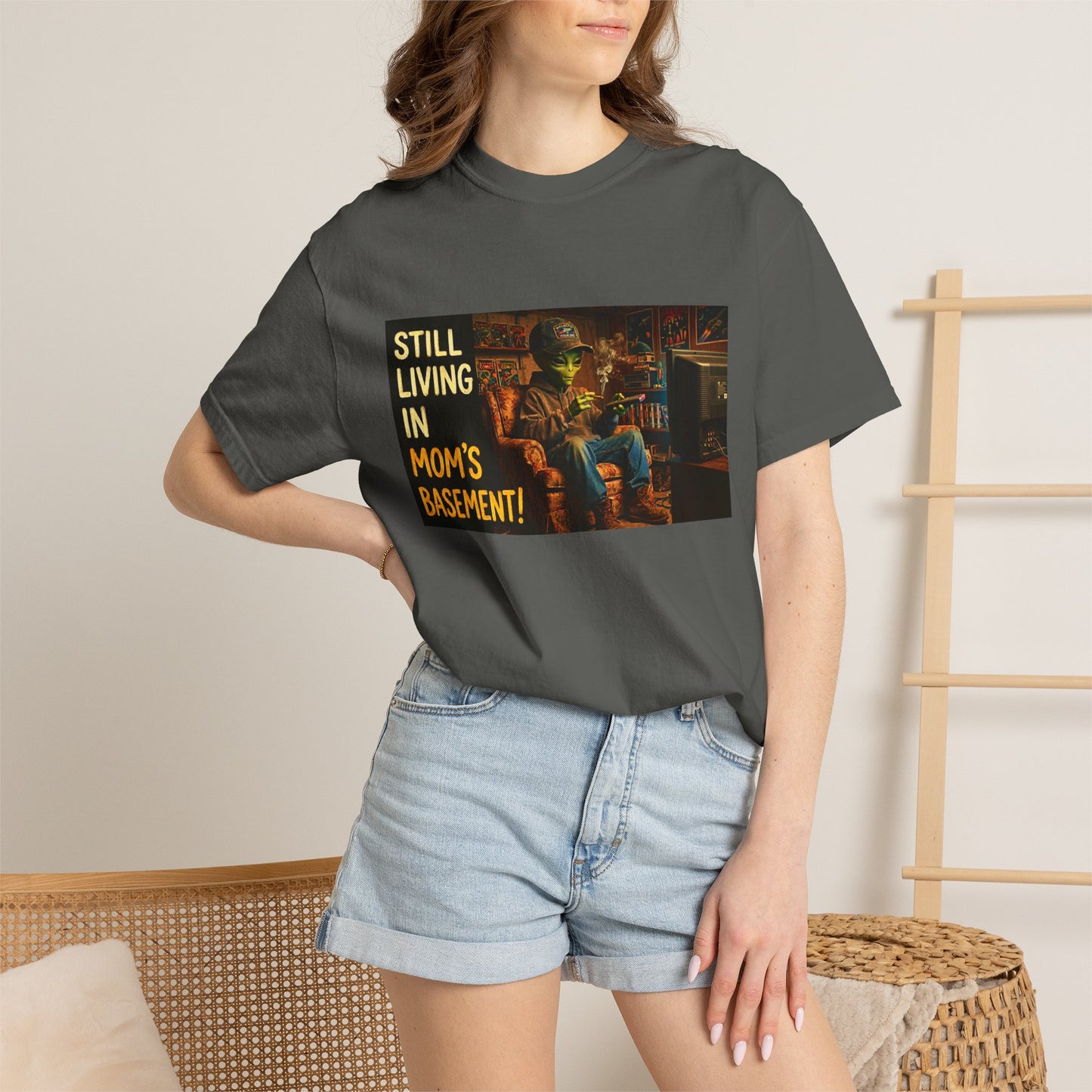 Still Living in Mom's Basement Funny Garment-Dyed Tee — Gag Gift for Him or Her