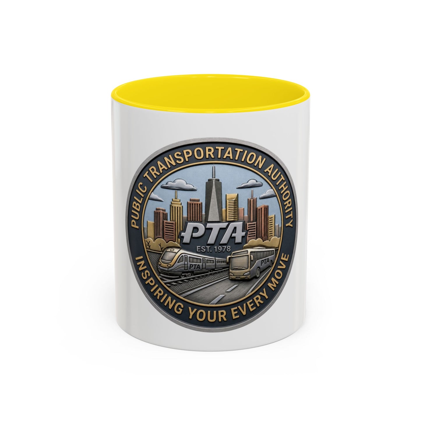 PTA Logo Accent Coffee Mug — Fun Gift for Transit Buffs