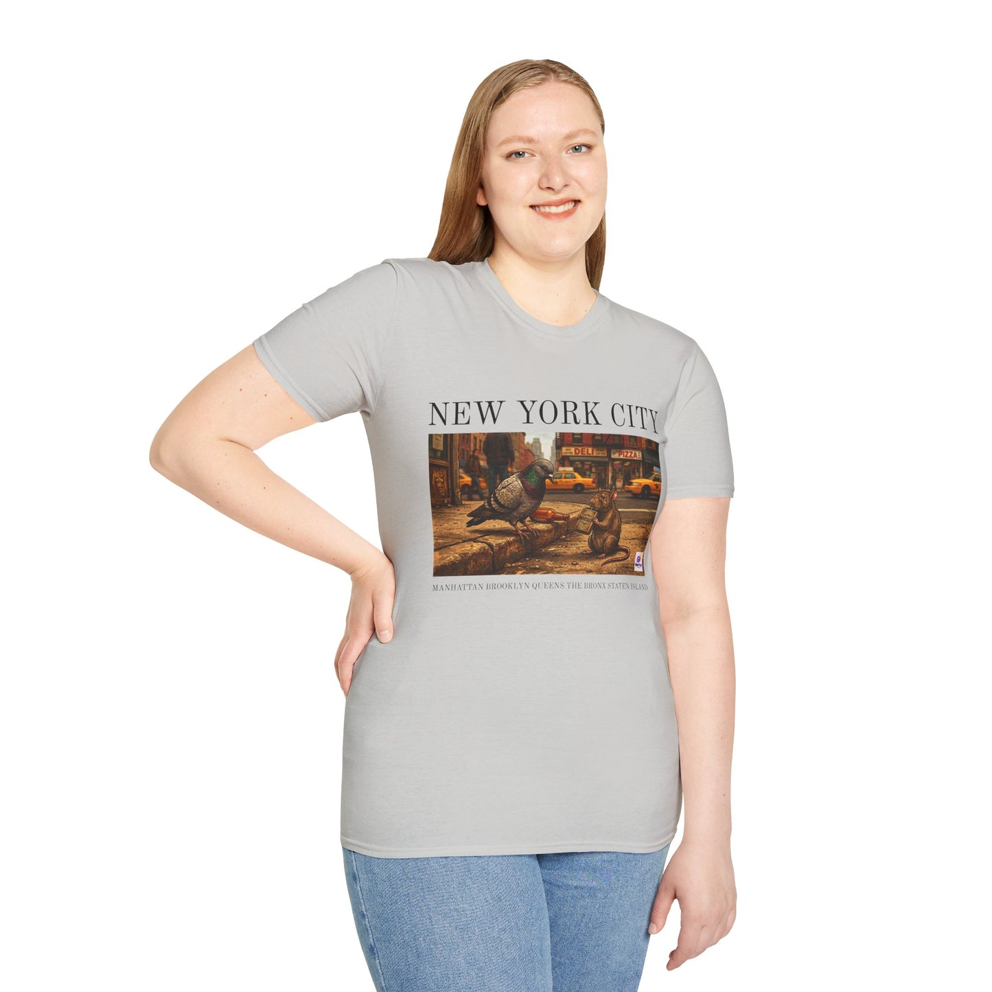 Pigeon & Rat Buddy Funny NYC Graphic Softstyle Tee — Unique Gift for New Yorkers & Tourists