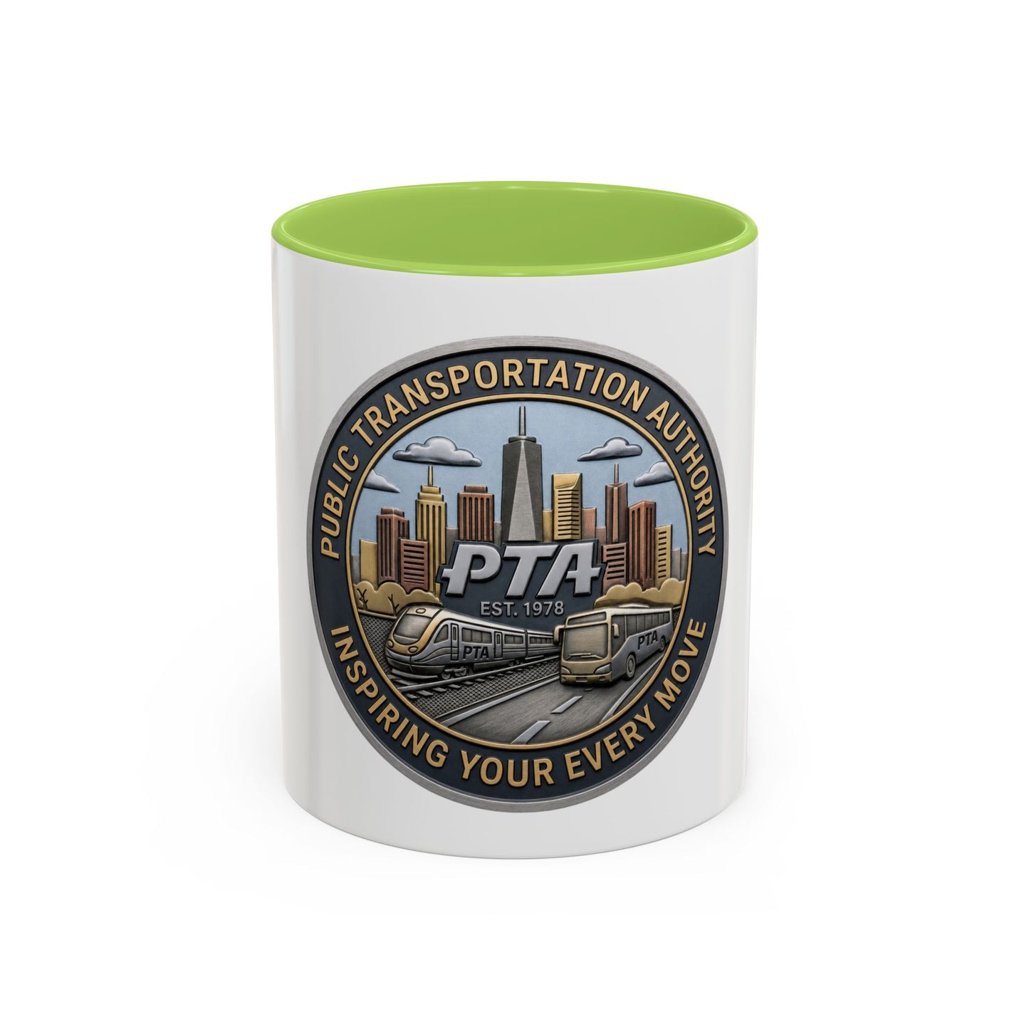 PTA Logo Accent Coffee Mug — Fun Gift for Transit Buffs