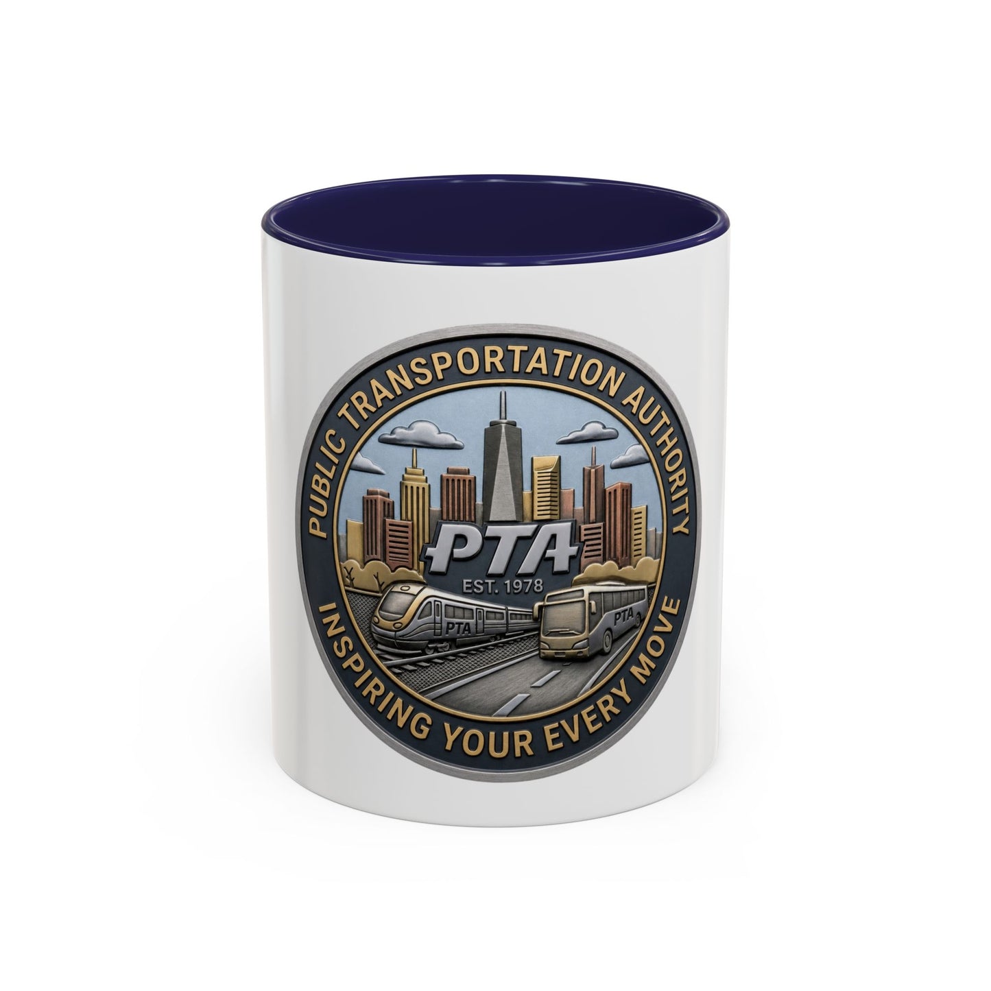 PTA Logo Accent Coffee Mug — Fun Gift for Transit Buffs