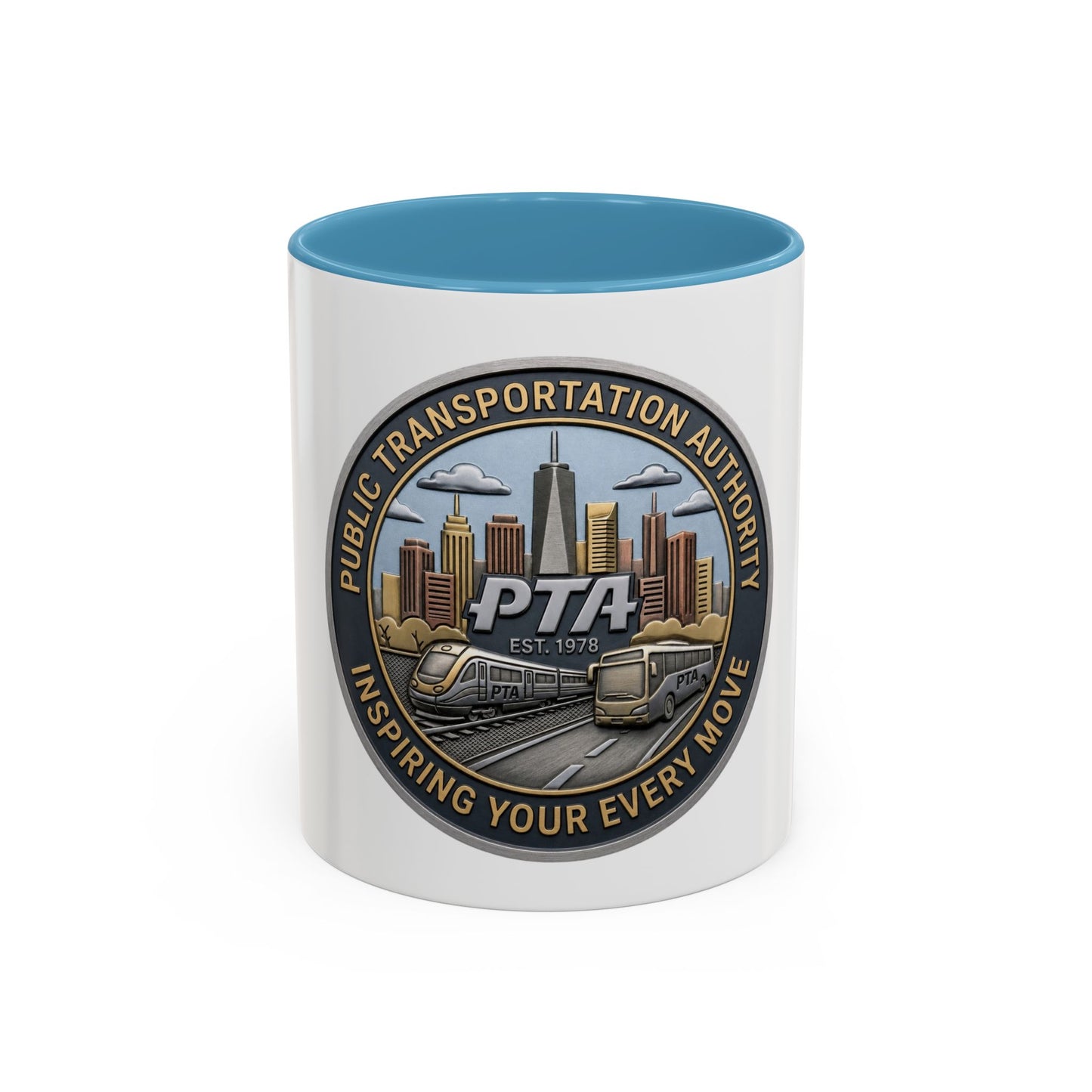 PTA Logo Accent Coffee Mug — Fun Gift for Transit Buffs