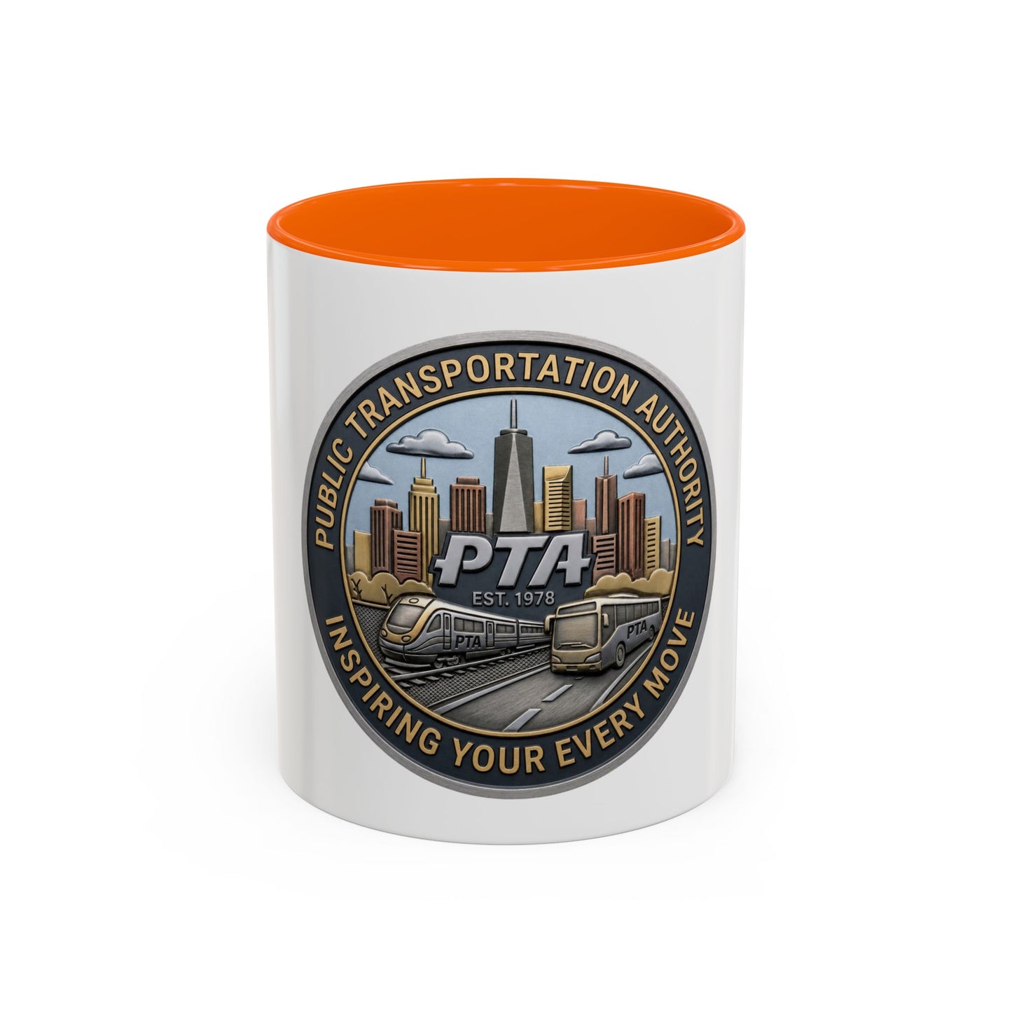 PTA Logo Accent Coffee Mug — Fun Gift for Transit Buffs