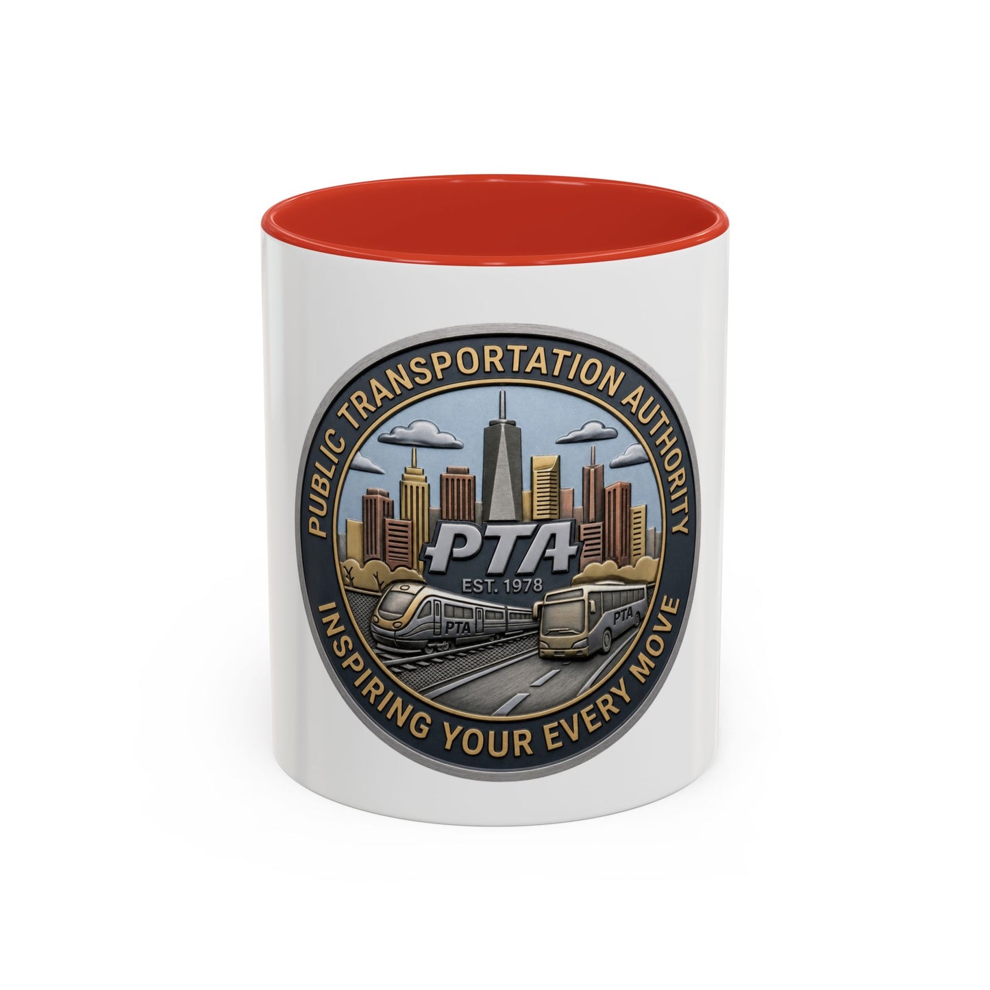 PTA Logo Accent Coffee Mug — Fun Gift for Transit Buffs